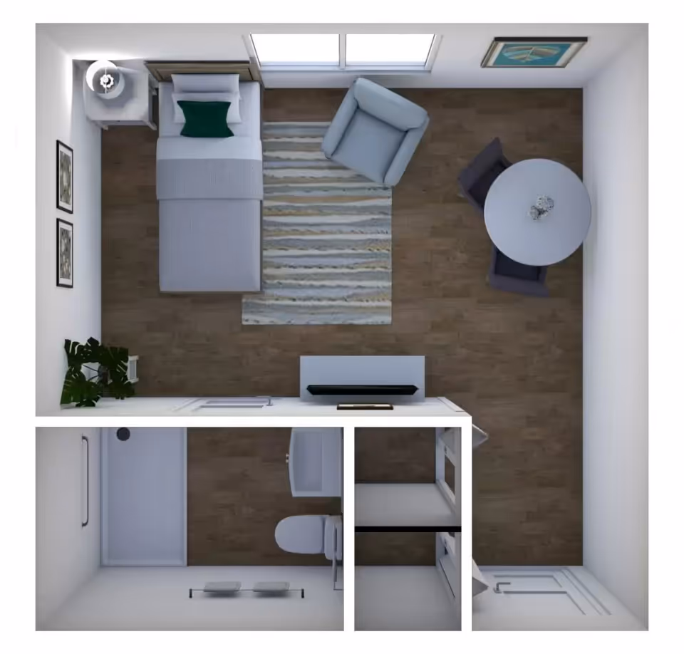 Top-down view of a furnished studio layout with a bed, armchair, rug, round dining table, TV console, and a small bathroom with shower and toilet.