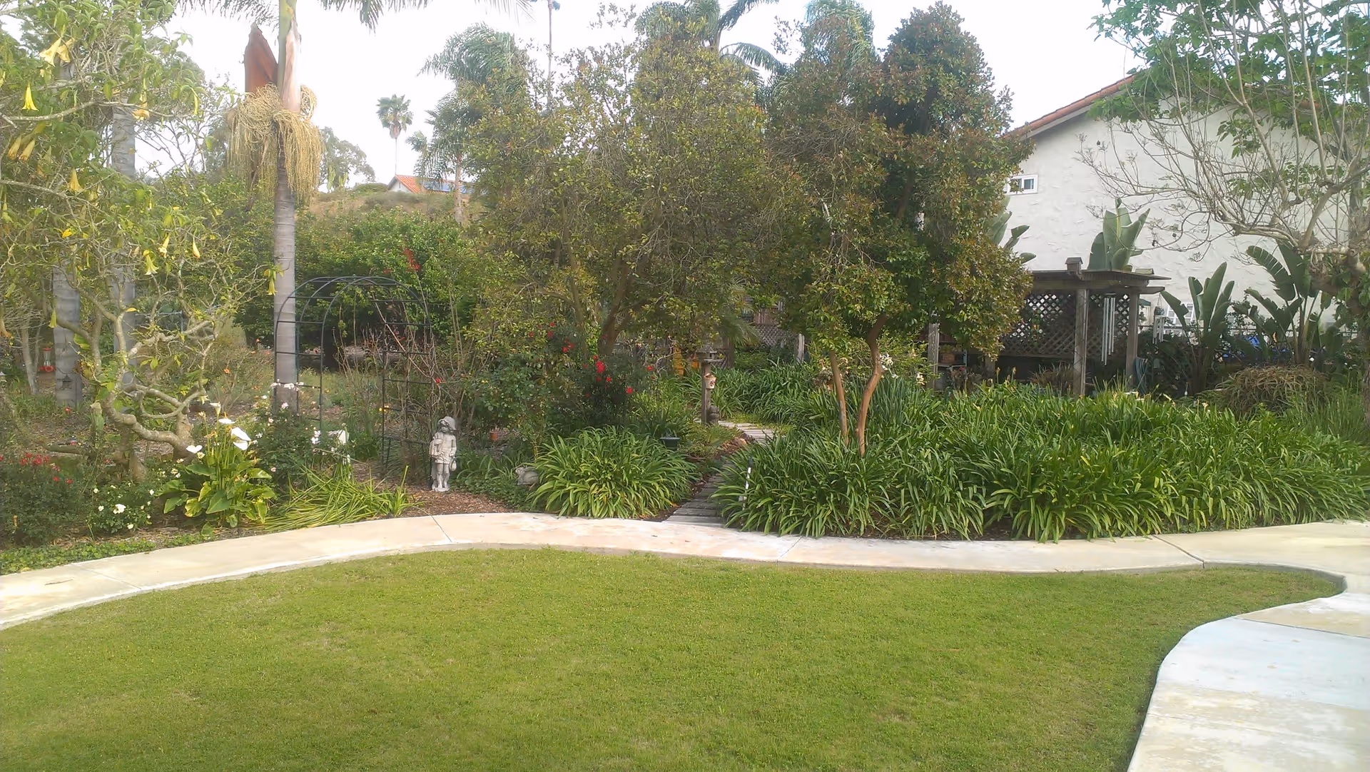 A lush garden area with various trees, shrubs, and flowering plants. There is a curved concrete pathway surrounding a well-maintained grassy lawn. In the background, there is a white building partially visible with a pergola structure and tropical plants nearby.