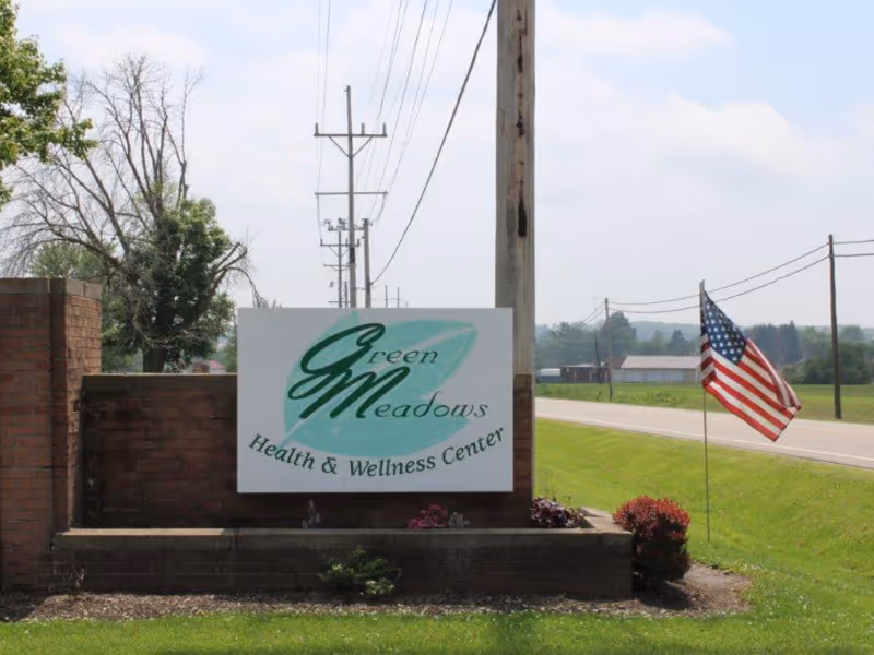 Outdoor view of a brick sign for Green Meadows Health & Wellness Center next to a road with an American flag on a pole and green grass surrounding the area.
