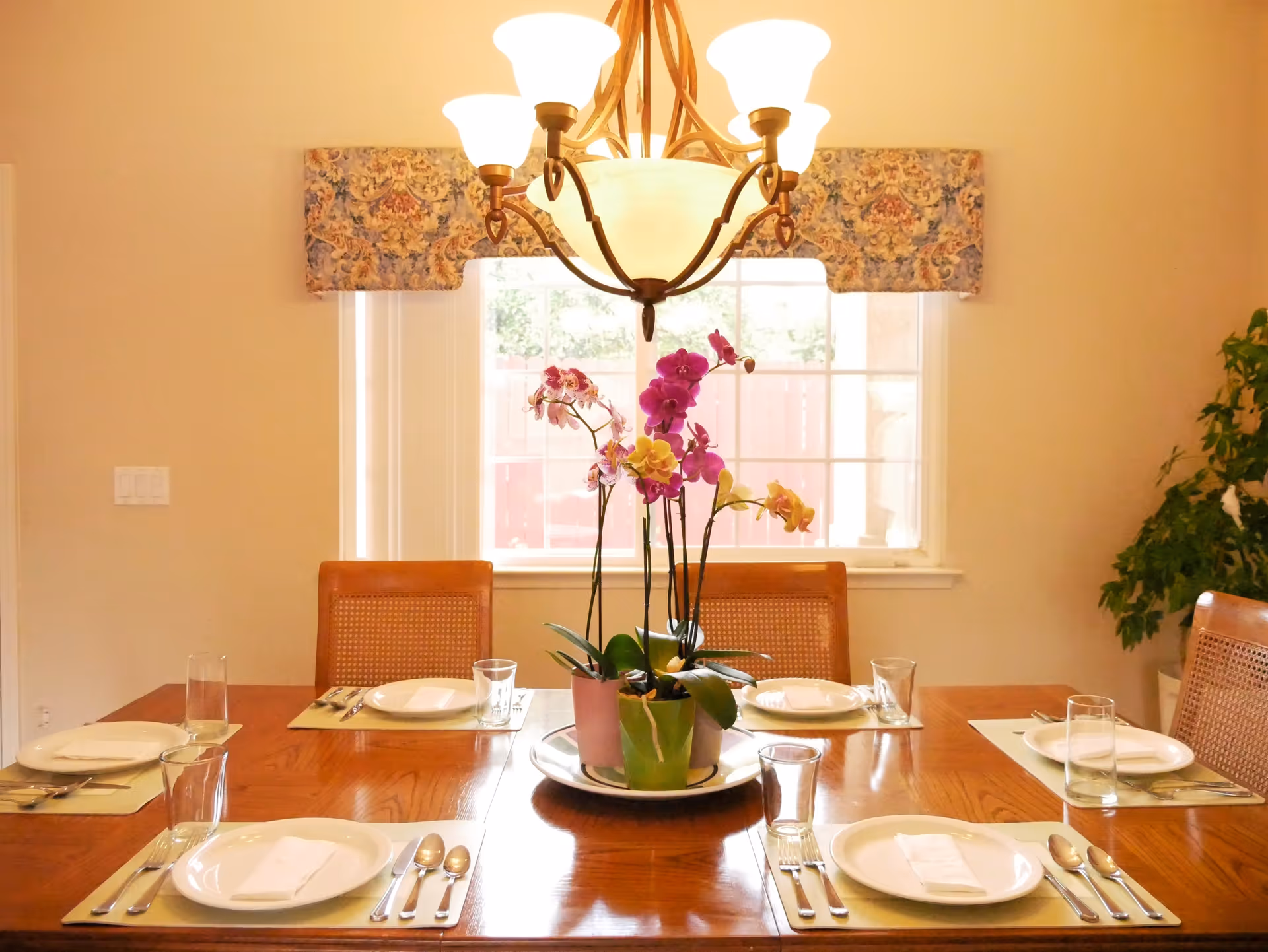 A dining room with a wooden table set for six people, each place setting includes a white plate, napkin, glass, and silverware. A centerpiece with colorful orchids in pots sits in the middle of the table. A window with floral valance and a chandelier with five lights hang above the table. There is a green plant in the corner of the room.