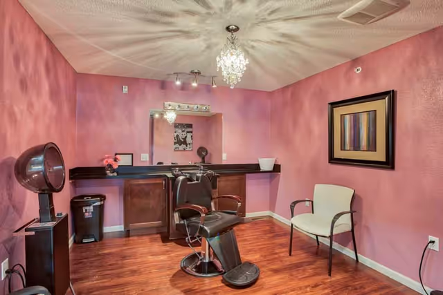 A small salon room with pink walls and wooden flooring. The room features a black salon chair in front of a large mirror with a countertop holding a small flower vase and a white bowl. There is a white chair with armrests against the right wall and a framed abstract painting above it. A hair dryer hood is positioned on the left side of the room. The ceiling has a small chandelier and track lighting.