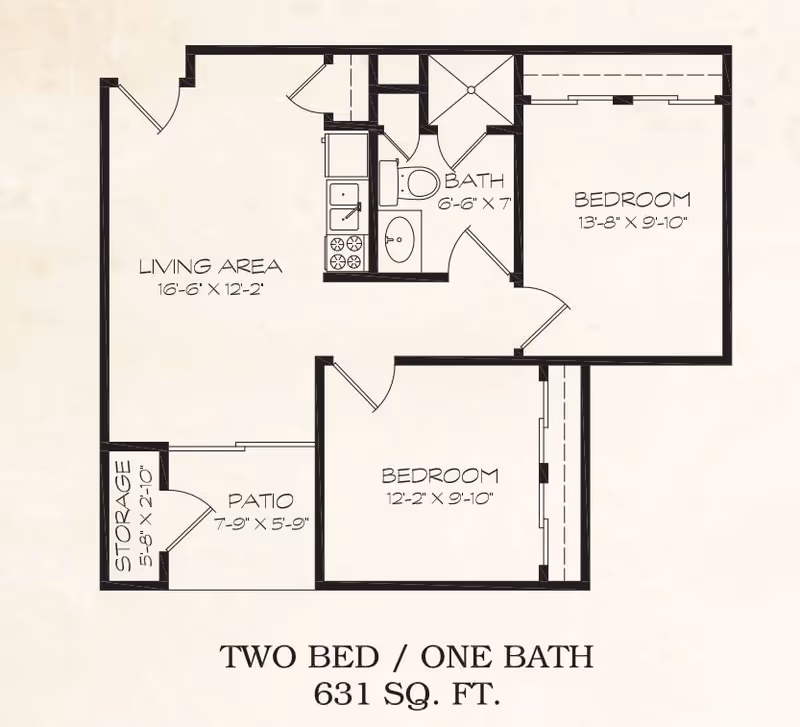 Architectural floor plan of a two-bedroom, one-bath apartment with a total area of 631 square feet. The layout includes a living area, kitchen, bathroom, two bedrooms, a patio, and a storage area.
