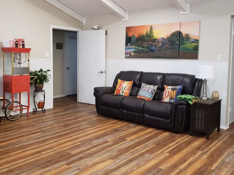 A cozy living room with a black leather sofa adorned with colorful decorative pillows. Above the sofa is a three-panel painting depicting a countryside scene at sunset. To the right of the sofa is a small dark wooden side table with a lamp and a decorative item. On the left side of the room, there is a vintage-style red popcorn machine and a potted plant on a metal stand. The room has wood flooring and light-colored walls with a white door slightly ajar leading to another room.