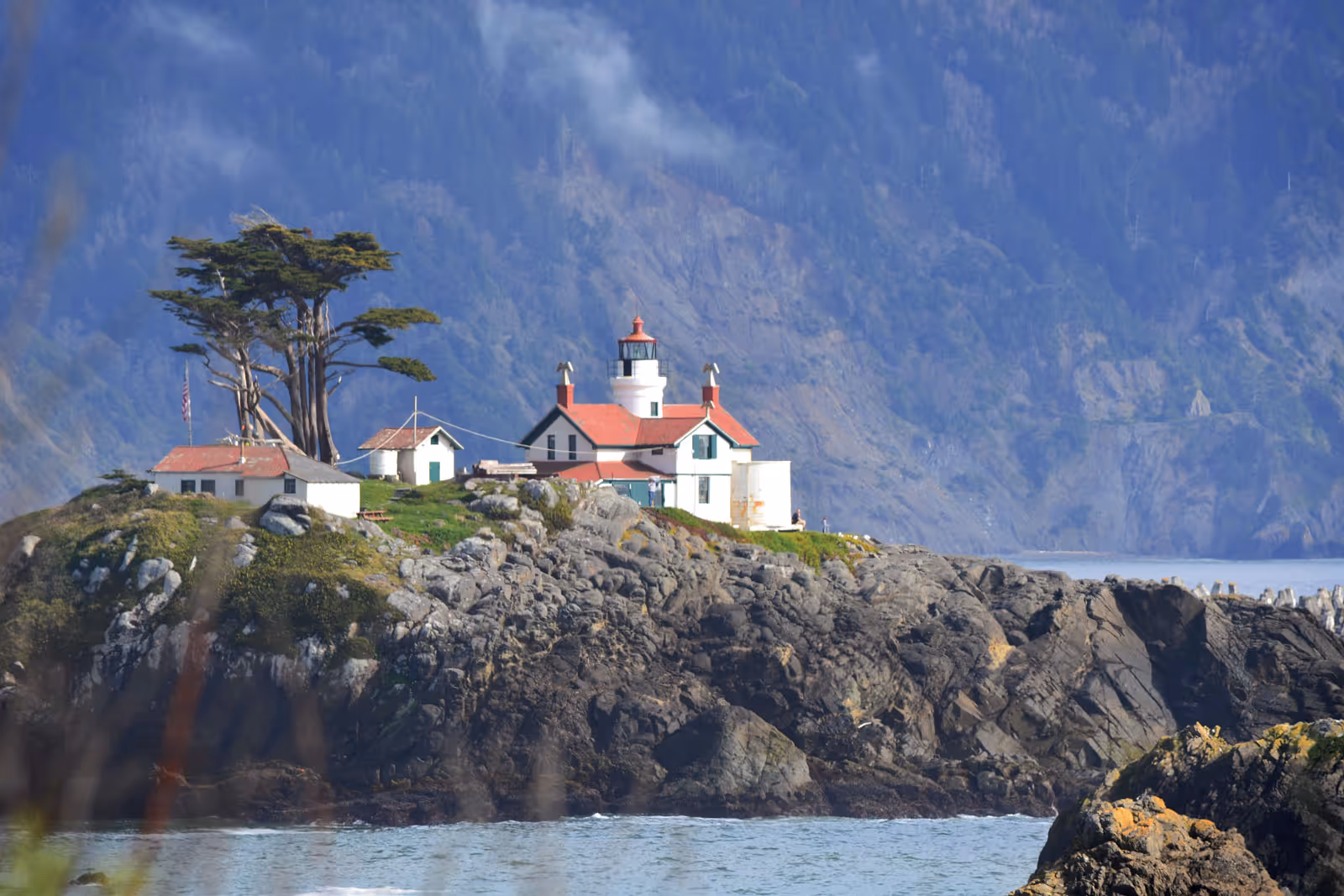 A lighthouse complex with white buildings and red roofs situated on a rocky island surrounded by water, with tall trees and a mountainous background.