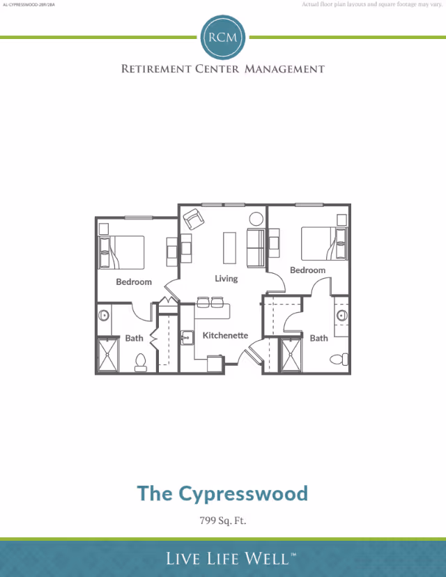 Floor plan layout of The Cypresswood apartment at Spring Creek Village, showing two bedrooms, two bathrooms, a living area, and a kitchenette. The layout includes labeled rooms and furniture placement.
