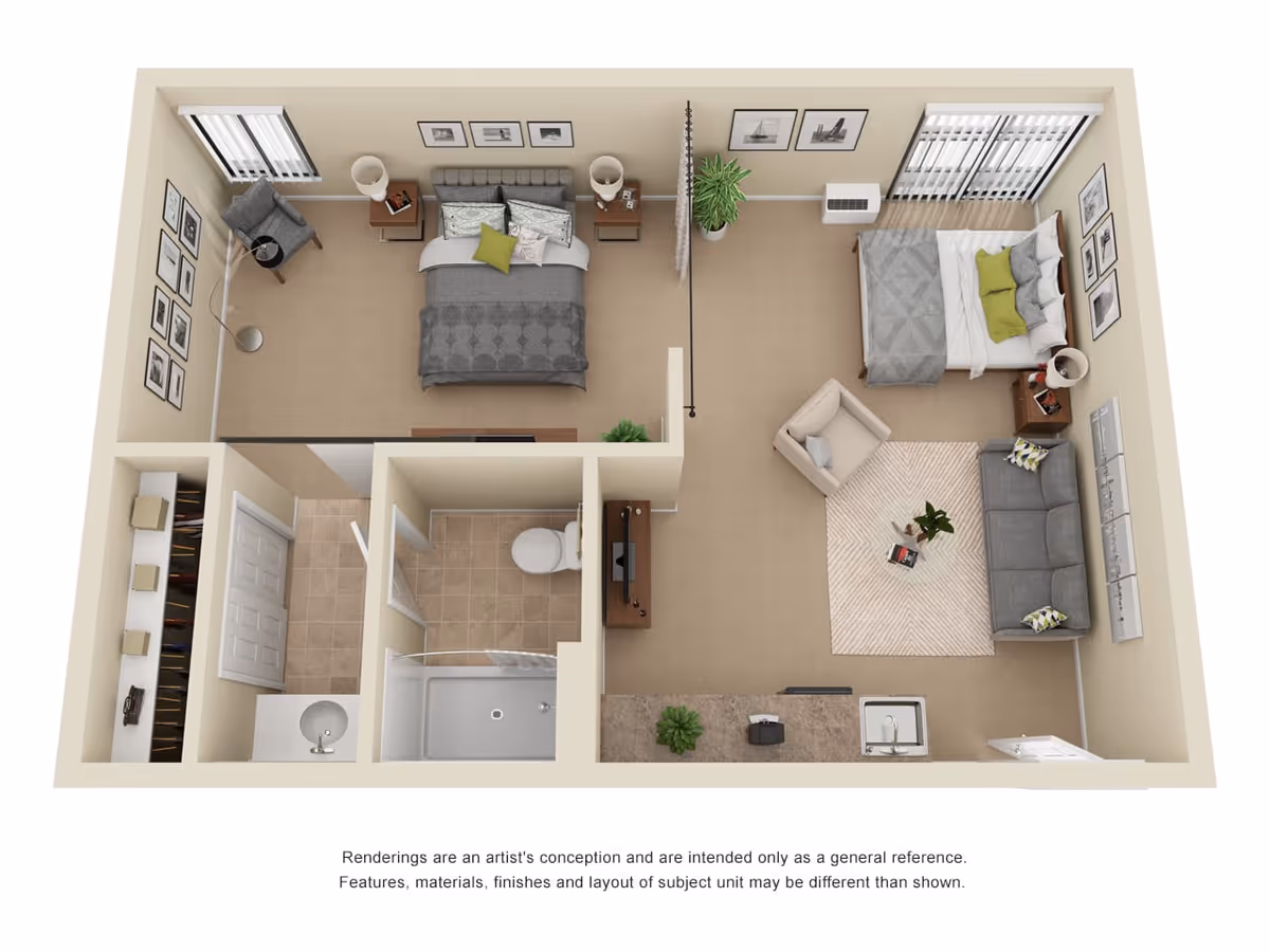 3D floor plan of a senior living unit at The Montera showing two bedrooms separated by a partial wall, a bathroom with a shower, a closet, and a small kitchen area with a sink and counter. The left bedroom has a bed, two nightstands with lamps, a chair, and framed pictures on the walls. The right bedroom has a bed, nightstand with lamp, a sofa, an armchair, a coffee table, and framed pictures on the walls. The bathroom includes a toilet, sink, and shower. The kitchen counter has a plant and a coffee maker.