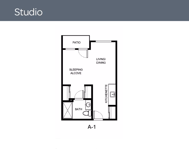 Floor plan of a studio apartment at Holiday Copley Place showing a patio, sleeping alcove, living/dining area, kitchenette, and bathroom.