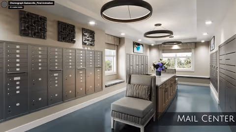 Interior view of a mail center with multiple rows of gray mailboxes mounted on the walls. There are two large windows with bench seating underneath, a central island with a cushioned chair, and modern circular ceiling lights. The room has a clean, organized appearance with decorative wall art above the mailboxes.