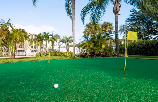 Outdoor putting green with several yellow flags and a golf ball on the green, surrounded by palm trees and other tropical plants under a clear blue sky.