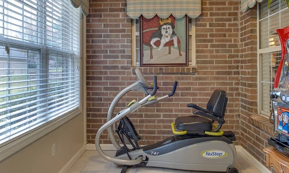A small exercise room with a NuStep T4r recumbent cross trainer positioned against a brick wall. There is a window with blinds on the left side letting in natural light. Above the exercise machine, a framed painting of a dog sitting on a red chair is hung on the brick wall. To the right, part of a slot machine is visible.