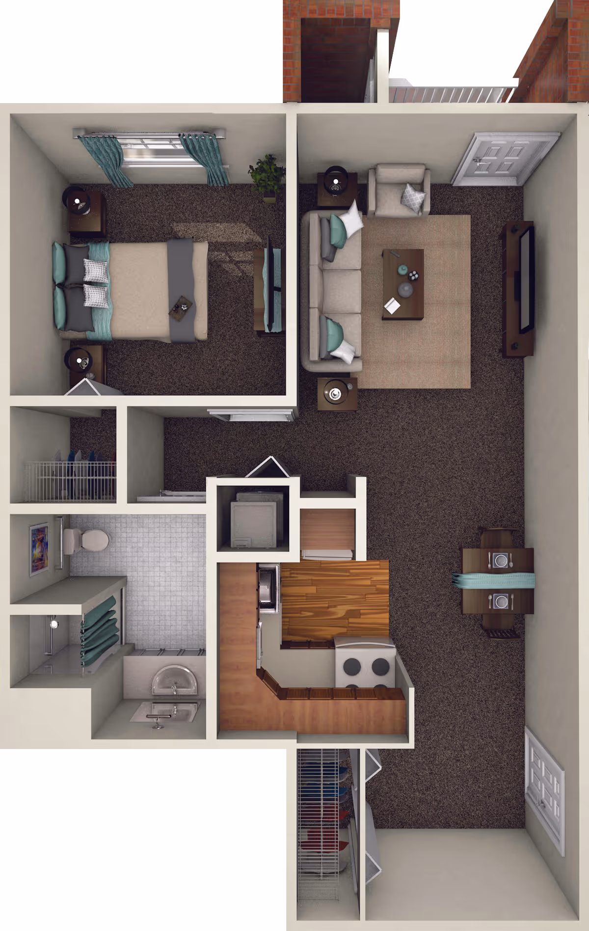 Top-down view of a one-bedroom apartment floor plan showing a bedroom with a bed and nightstands, a living room with a sofa, armchair, coffee table, and TV, a kitchen with appliances and cabinets, a dining area with a table set for two, a bathroom with a shower, toilet, and sink, and two closets.