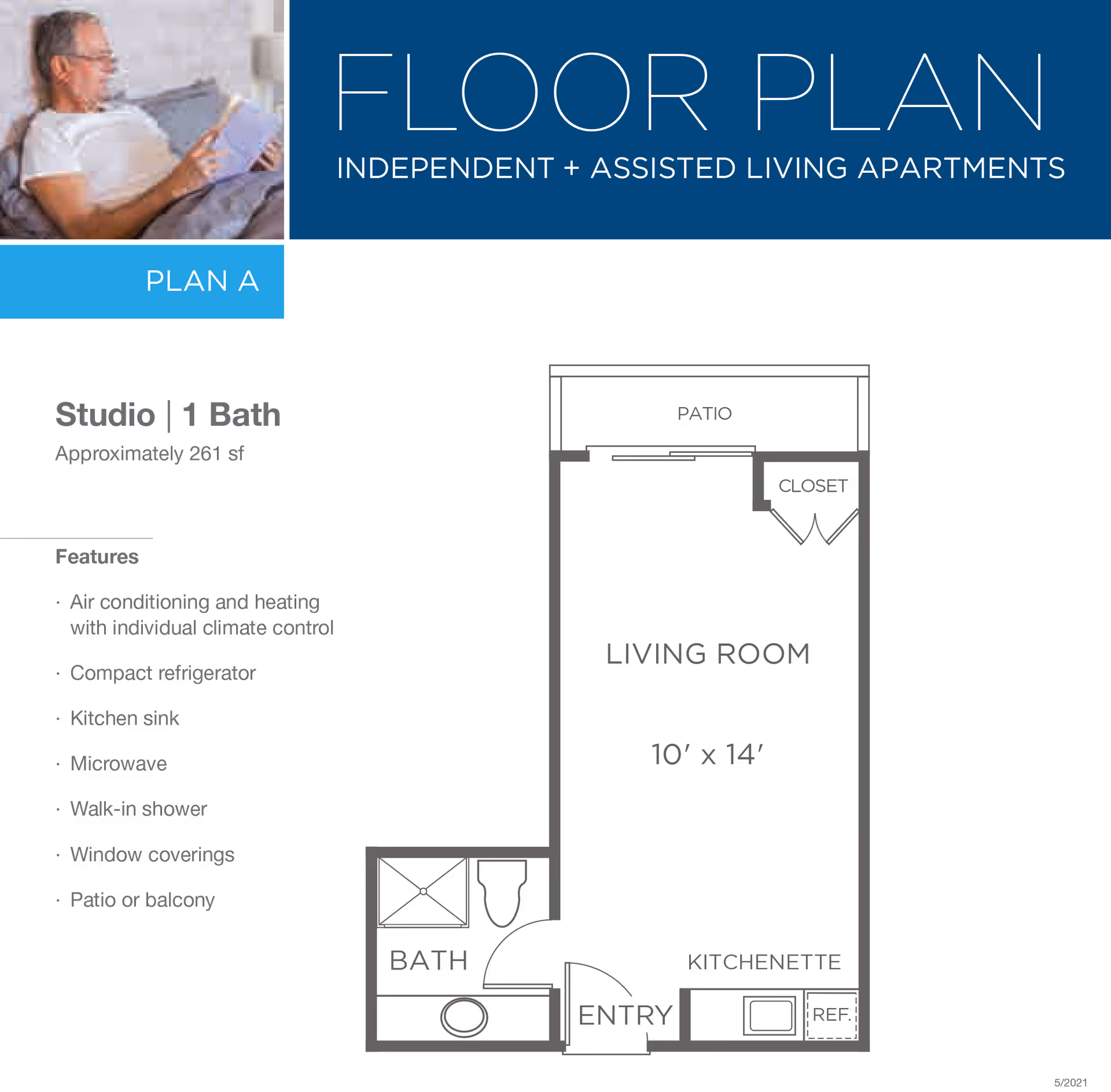 Floor plan for a studio apartment with 1 bath, approximately 261 square feet, featuring a living room, kitchenette, bath, entry, closet, and patio. The plan includes air conditioning and heating with individual climate control, compact refrigerator, kitchen sink, microwave, walk-in shower, window coverings, and patio or balcony. The image also shows a small photo of an elderly man reading a book in bed.