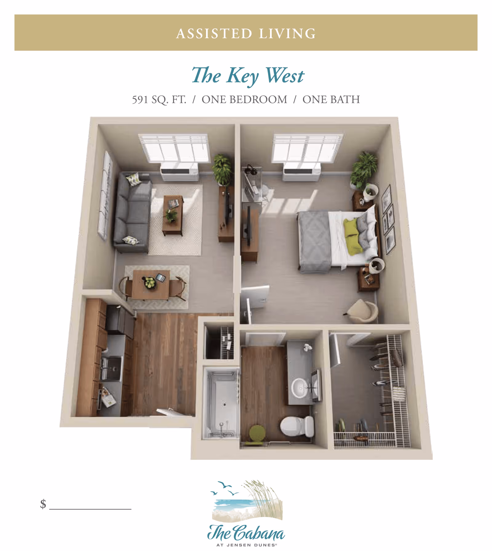 3D floor plan of an assisted living apartment named The Key West, featuring one bedroom, one bathroom, a kitchen, dining area, living room, and a walk-in closet. The living room has a sofa and coffee table, the bedroom has a bed and nightstands, the kitchen includes appliances and cabinets, and the bathroom has a sink, toilet, and shower.