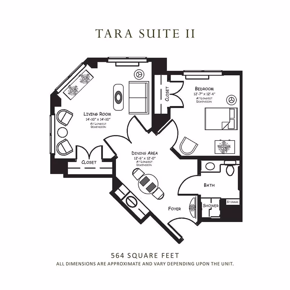 Floor plan of Tara Suite II showing a living room with two chairs, a sofa, and a coffee table; a dining area with a table and two chairs; a bedroom with a bed, chair, and dresser; a bathroom with a shower, toilet, and storage; and closets. The total area is 564 square feet.