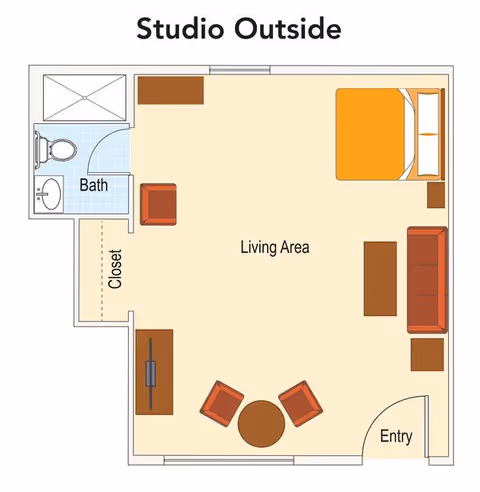 Floor plan of a studio apartment labeled 'Studio Outside' showing a living area with a bed, sofa, two chairs around a round table, a TV stand, a closet, and a bathroom with a toilet, sink, and shower.