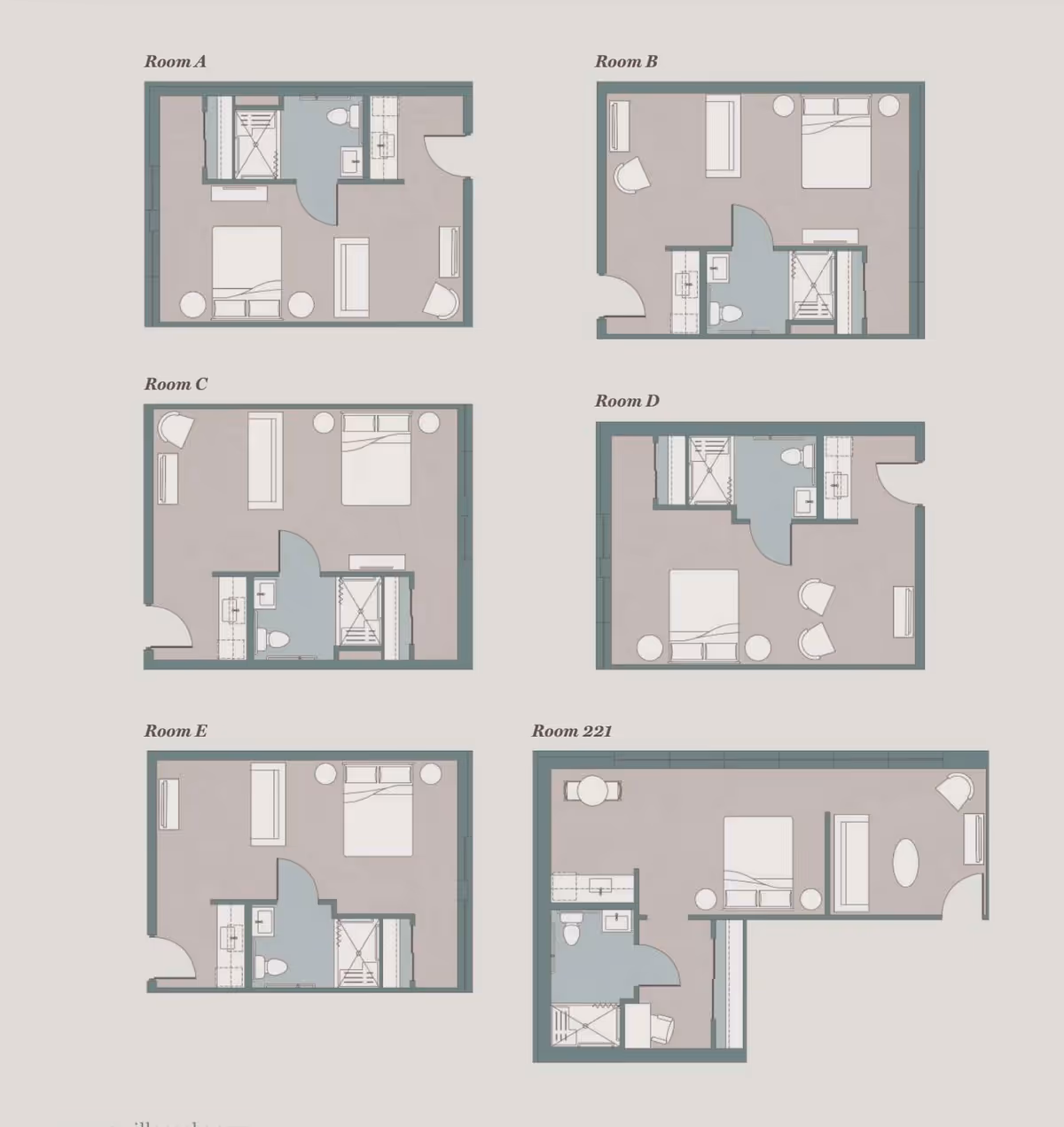 A grid of six labeled apartment floor plans (Room A, Room B, Room C, Room D, Room E, Room 221) showing bedroom, bathroom, and living area layouts.