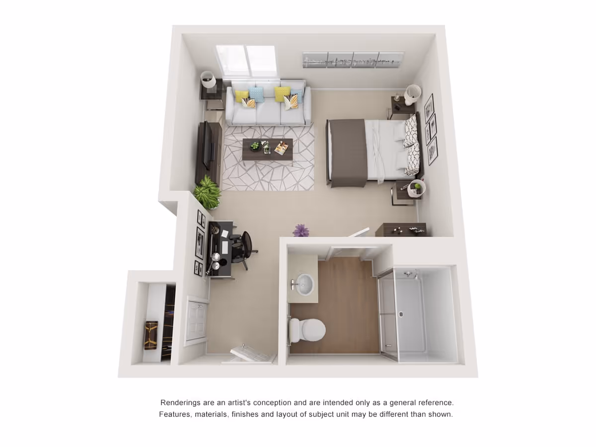3D floor plan of a studio apartment featuring a combined living and sleeping area with a bed, sofa, coffee table, TV stand, desk with chair, and decorative elements. The apartment also includes a bathroom with a toilet, sink, and shower. There is a closet near the entrance.