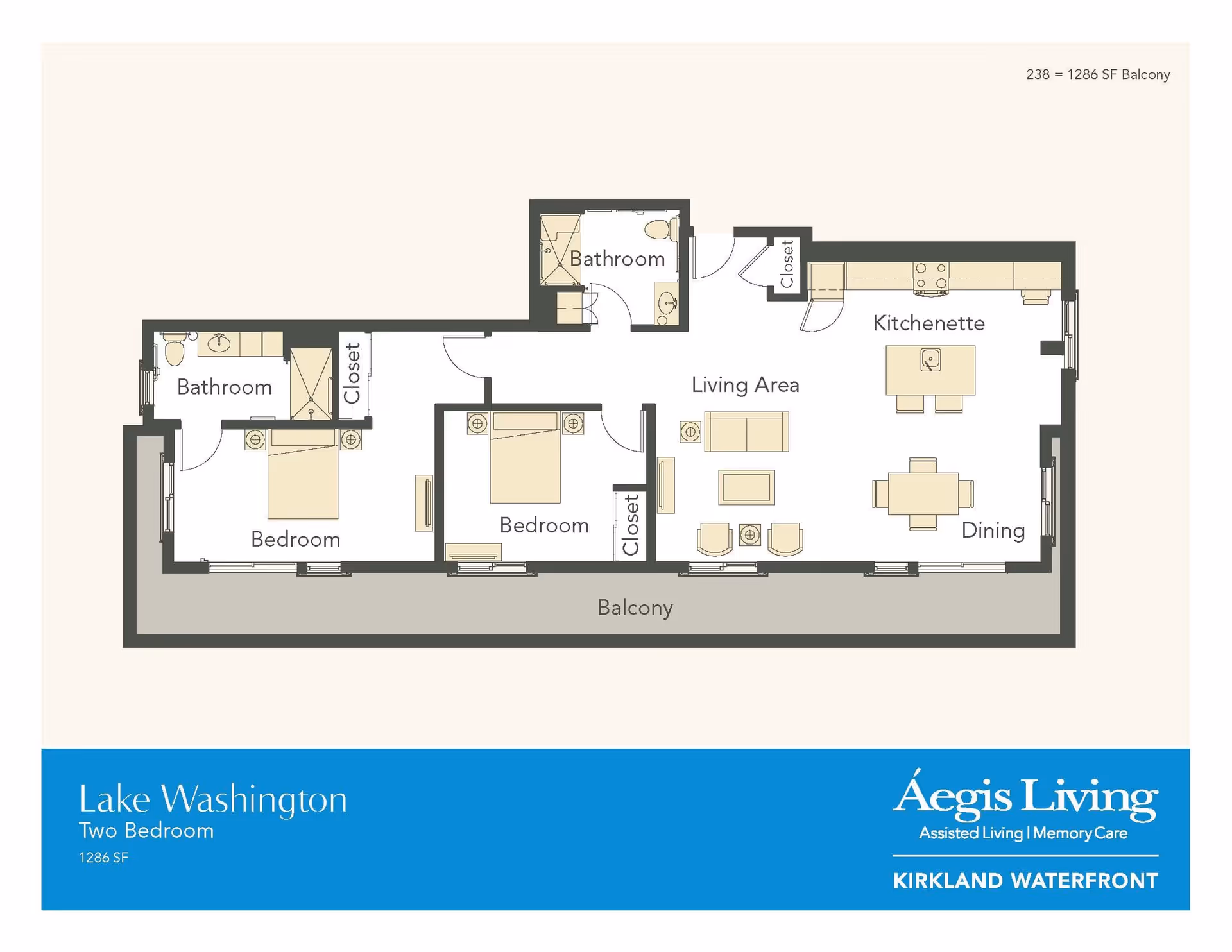 Floor plan of a two-bedroom apartment named Lake Washington at Aegis Living Kirkland Waterfront, showing two bedrooms, two bathrooms, a living area, kitchenette, dining area, closets, and a balcony.