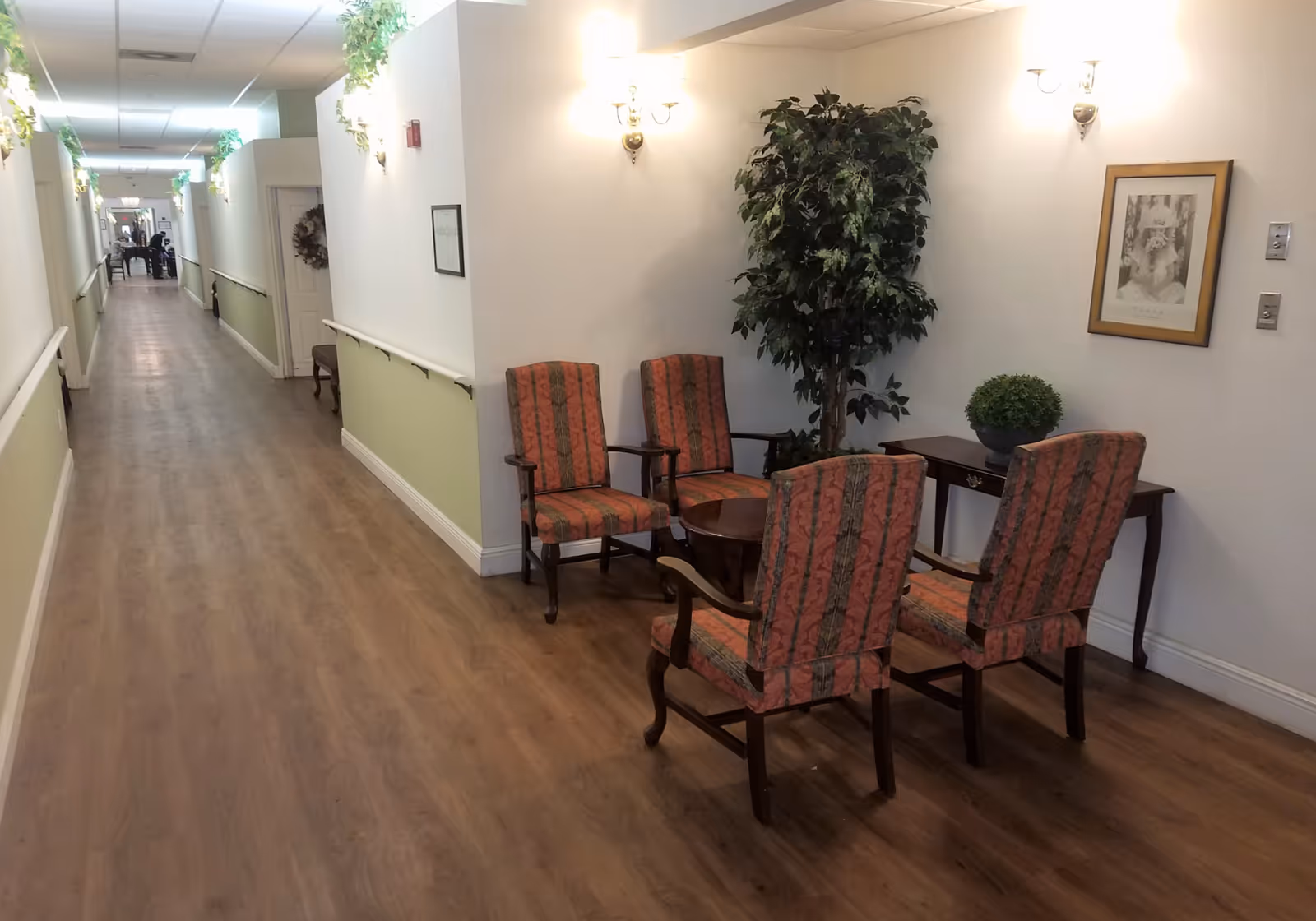 A long hallway in an assisted living facility with wooden flooring and light green and white walls. On the right side, there is a small seating area with four upholstered chairs around a round wooden table, a small wooden console table with a potted plant, a framed picture on the wall, and a large artificial plant. The hallway is decorated with wall-mounted light fixtures and small green plants along the ceiling.