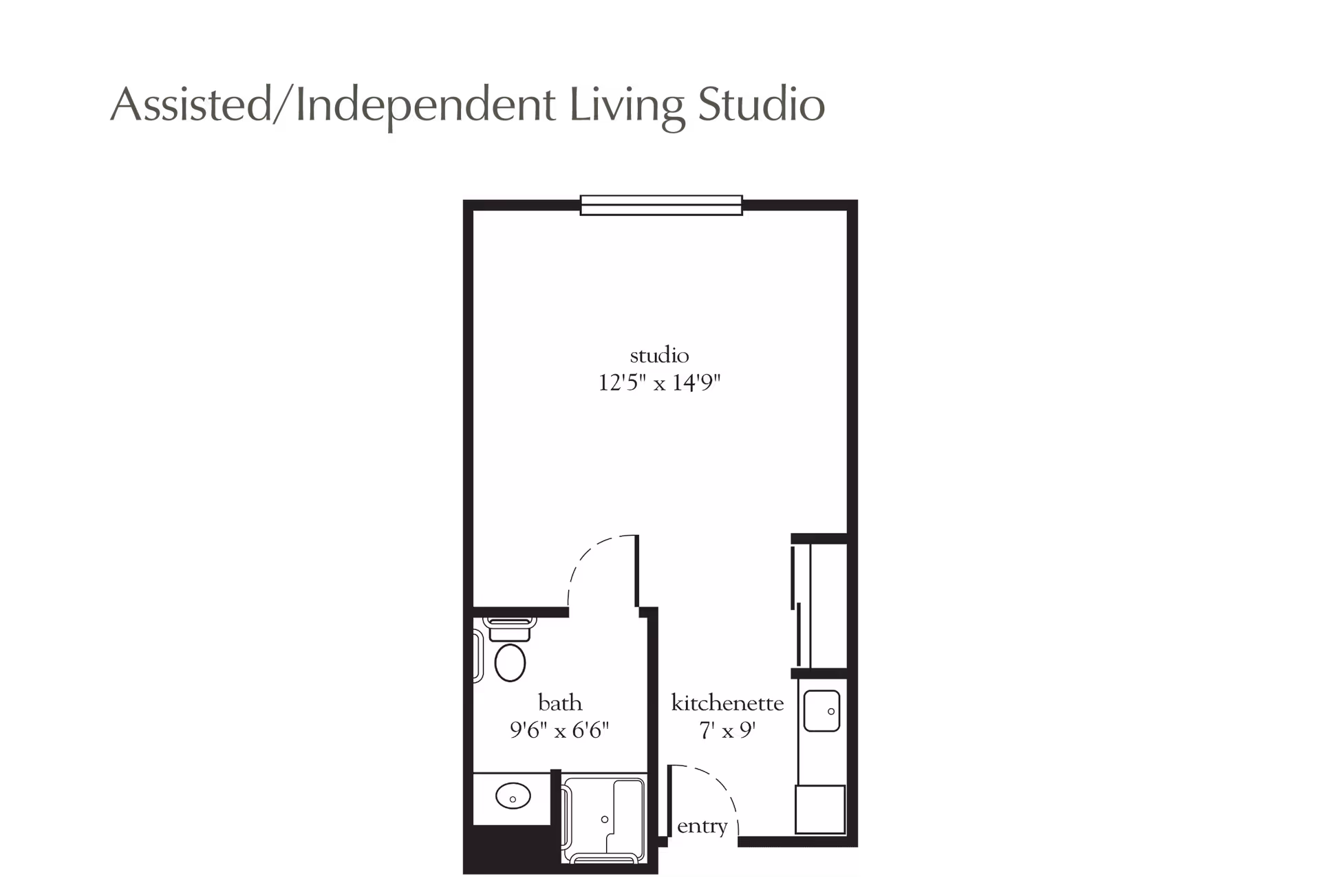 Floor plan of an Assisted/Independent Living Studio apartment showing a studio area measuring 12'5" x 14'9", a bath measuring 9'6" x 6'6", and a kitchenette measuring 7' x 9'. The entry is located near the kitchenette.