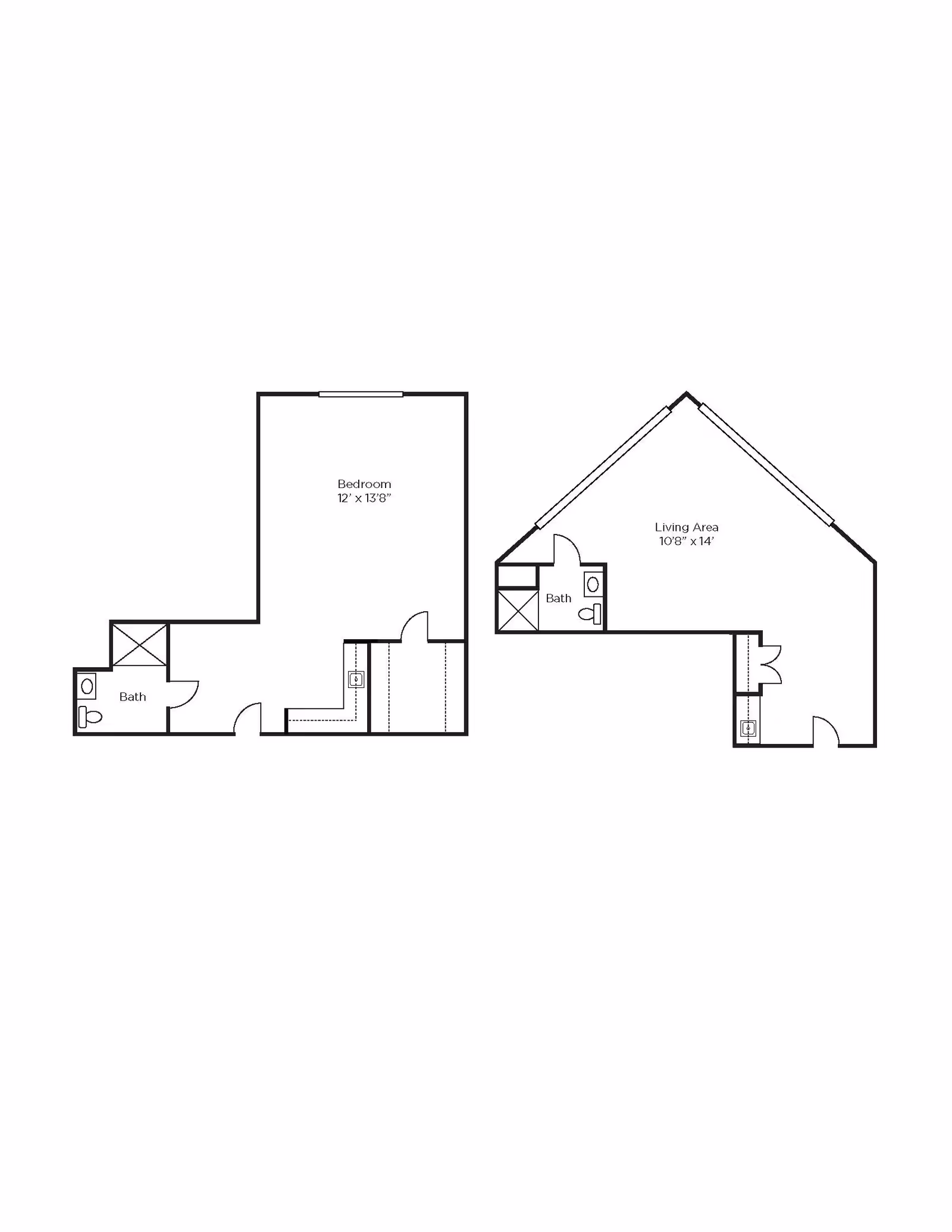 Architectural floor plan showing a layout with a bedroom measuring 12 feet by 13 feet 8 inches, a living area measuring 10 feet 8 inches by 14 feet, and two bathrooms.