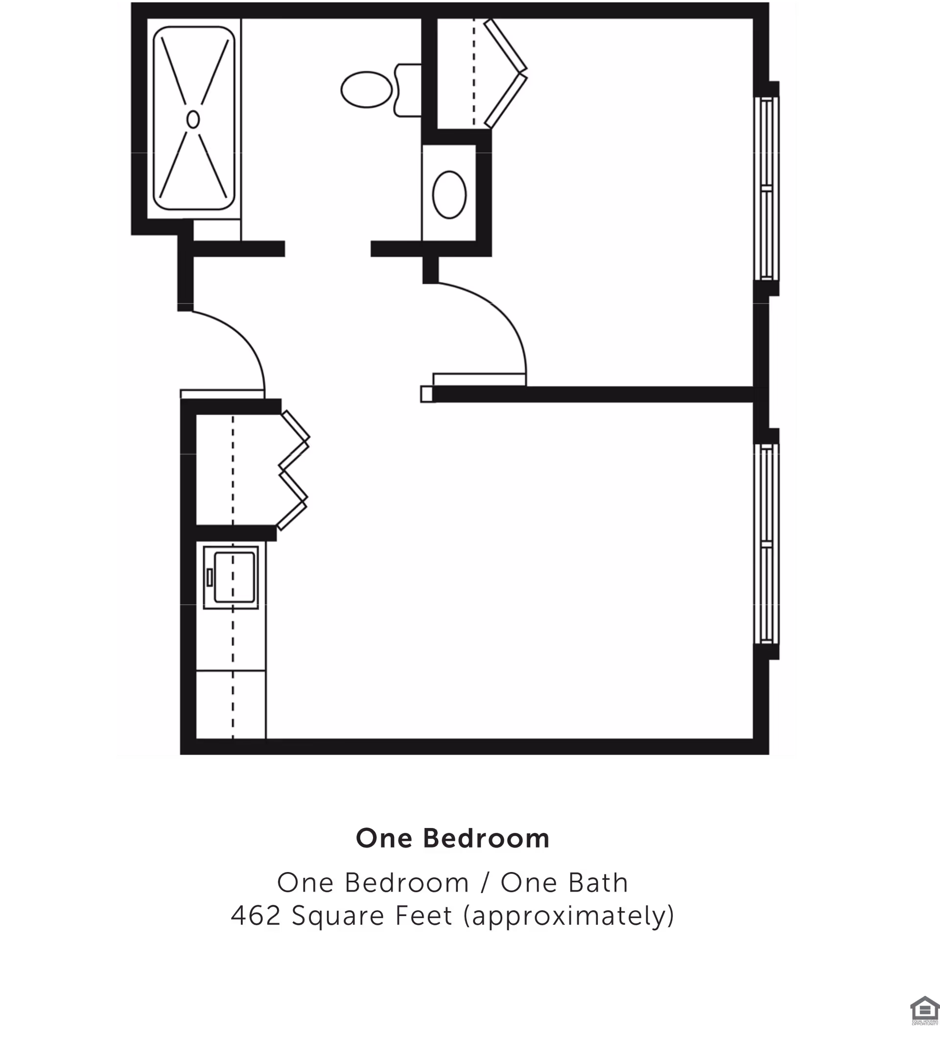 Architectural floor plan of a one-bedroom, one-bath apartment with approximately 462 square feet. The layout includes a bedroom, a bathroom with a bathtub and toilet, a kitchen area with a sink, and a living space.