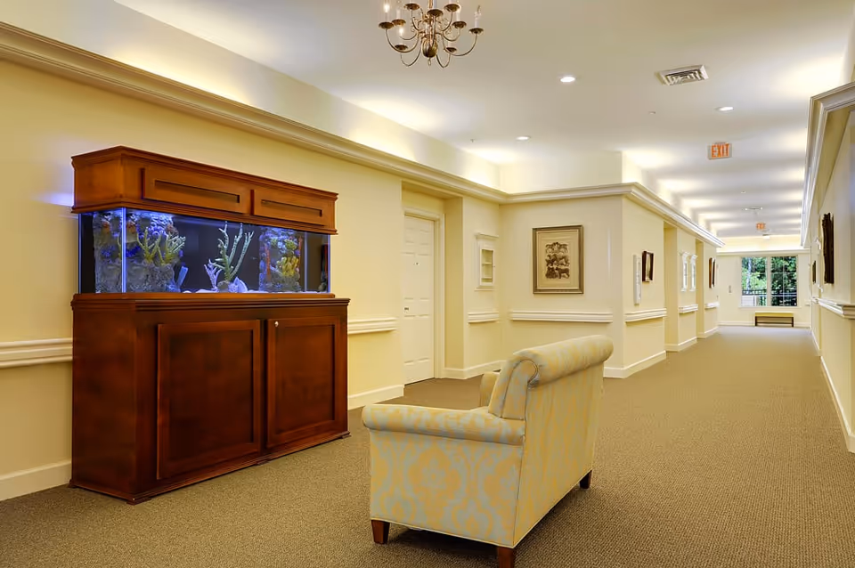 A well-lit hallway in a senior living facility with beige walls and carpeted floor. There is a large wooden aquarium filled with colorful coral and fish on the left side, and a patterned upholstered armchair facing it. The hallway has framed artwork on the walls, ceiling lights, and an exit sign at the far end near a window with a bench underneath.