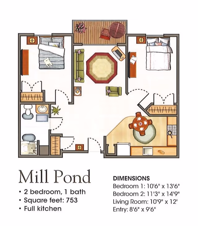 Floor plan illustration of a two-bedroom, one-bath apartment named Mill Pond. The layout includes two bedrooms, a bathroom, a living room with seating and a rug, a full kitchen with a dining table, and an entry area. There is also a small outdoor balcony with a table and chairs. Dimensions for each room are provided alongside the plan.