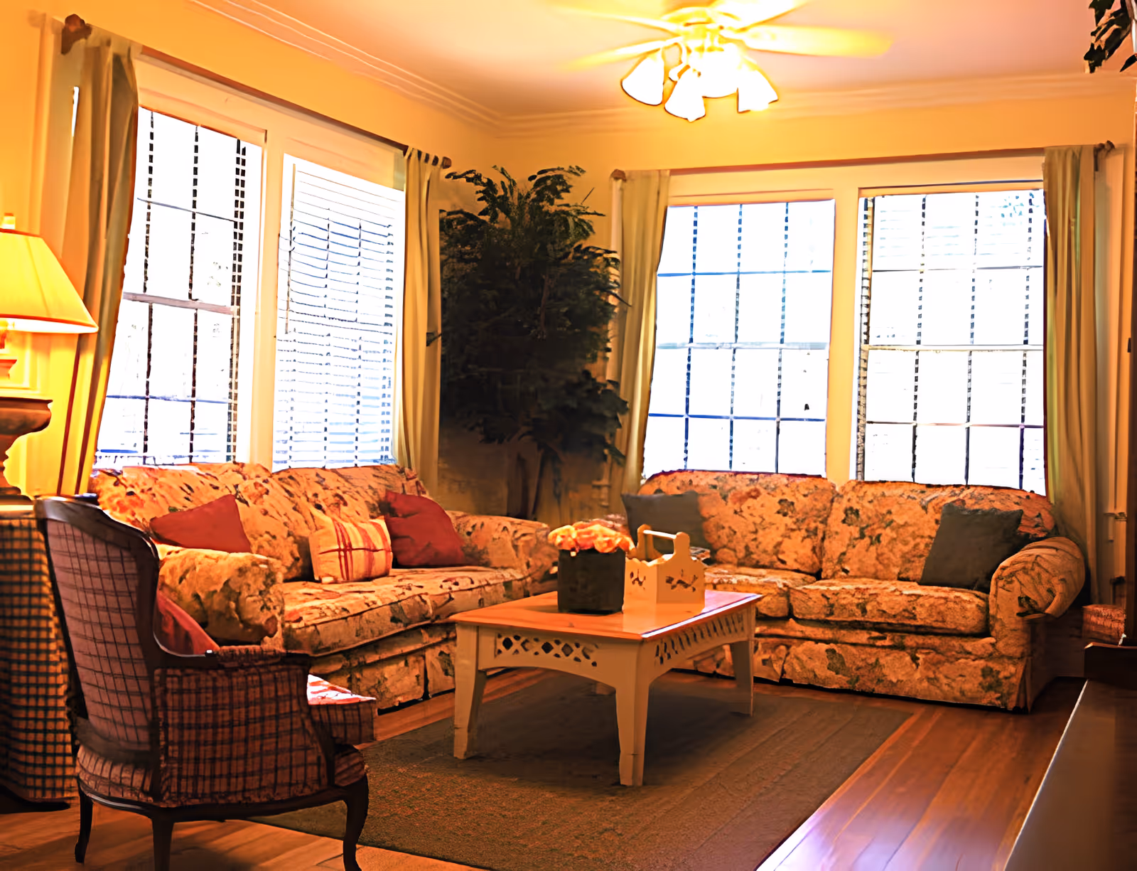 A cozy living room with two floral-patterned sofas, a wooden coffee table with decorative items, a cushioned armchair, large windows with curtains, a floor lamp, and a ceiling fan with lights.