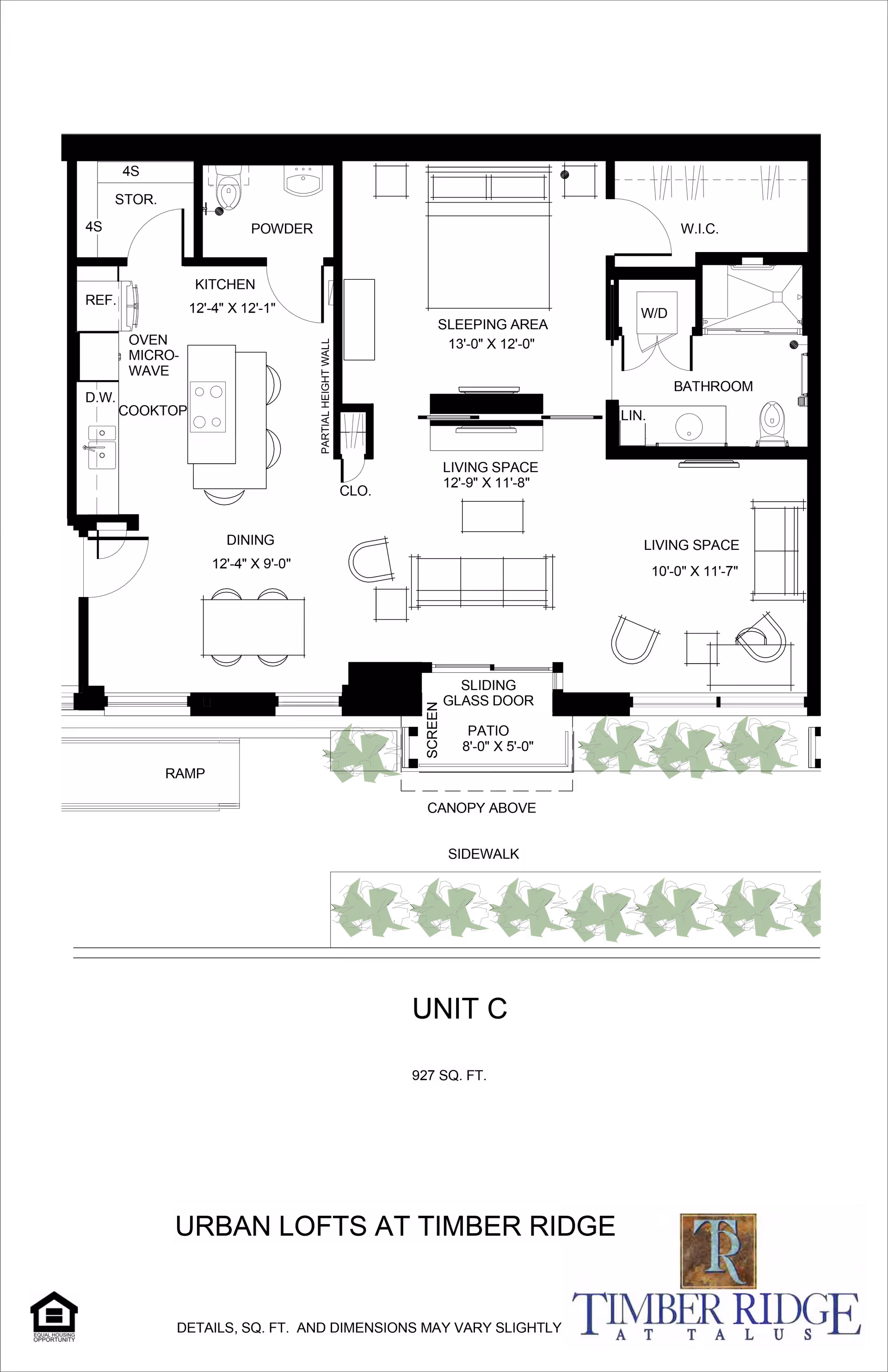 Black-and-white architectural floor plan of an urban loft showing labeled sleeping area, kitchen, dining and living spaces, bathroom and a patio.