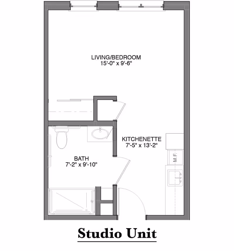 Architectural floor plan of a studio unit at GateWay at River City showing a living/bedroom area measuring 15 feet by 9 feet 6 inches, a kitchenette measuring 7 feet 5 inches by 13 feet 2 inches, and a bathroom measuring 7 feet 2 inches by 9 feet 10 inches.