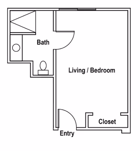Black and white floor plan of a small living space labeled Carefield Pleasanton Memory Care, showing an entry leading into a combined living and bedroom area with a closet, and a separate bathroom with a toilet, sink, and shower.