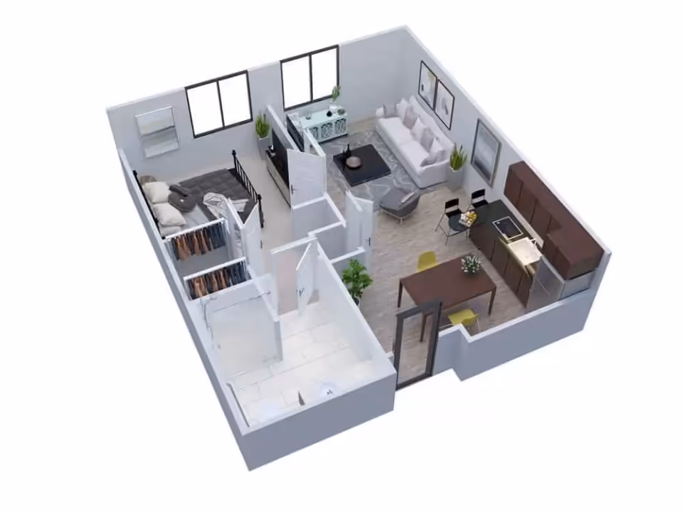 3D floor plan of a one-bedroom apartment showing a bedroom with a bed and closet, a bathroom with a shower, a living room with a sofa and coffee table, and a kitchen with dining table and chairs.