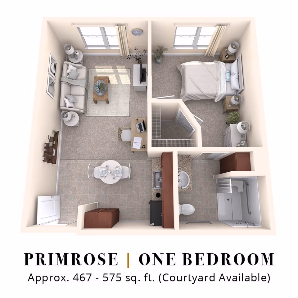 3D floor plan of a one-bedroom apartment named Primrose, showing a living room with a sofa, coffee table, TV, and desk; a bedroom with a bed, nightstands, dresser, and plants; a kitchen with a dining table, sink, and cabinets; and a bathroom with a toilet, sink, and shower.