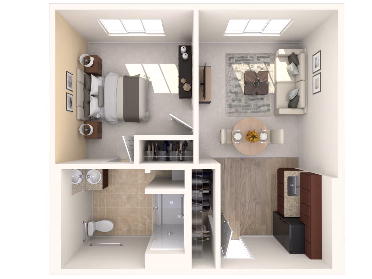 Top-down view of a one-bedroom apartment floor plan showing a bedroom with a bed and nightstands, a living room with a sofa, coffee table, dining table with two chairs, a kitchen with cabinets, sink, and refrigerator, and a bathroom with a toilet, double sink vanity, and shower.