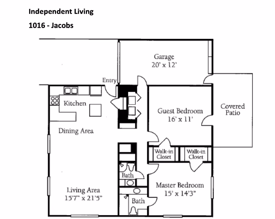 Black-and-white floor plan labeled "Independent Living 1016 - Jacobs" showing a kitchen, dining and living area, two bedrooms with walk-in closets, bathrooms, a garage and a covered patio.