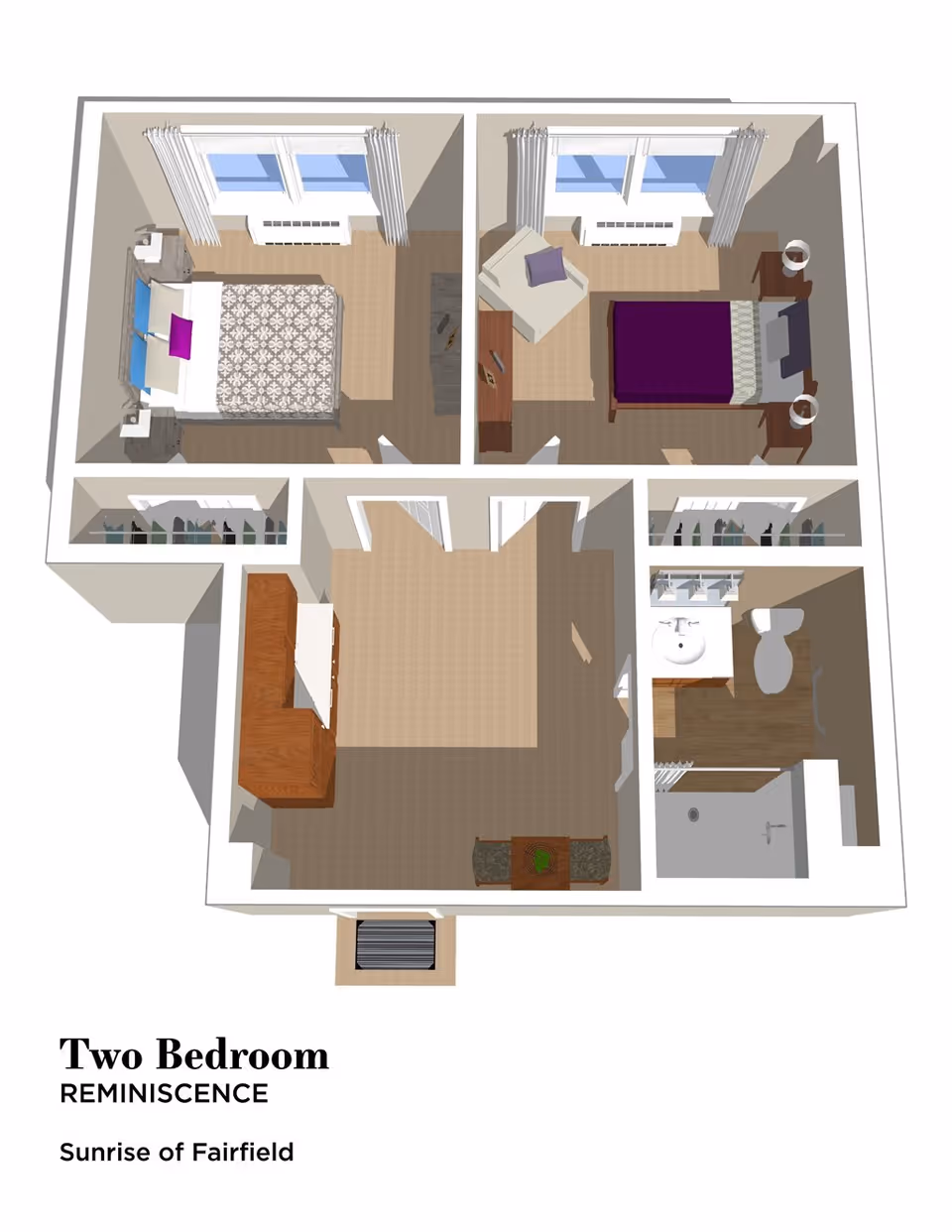 3D floor plan of a two-bedroom apartment at Sunrise of Fairfield showing two bedrooms, a bathroom with a shower, a living area with a cabinet and small table with two chairs, and closets in the bedrooms.