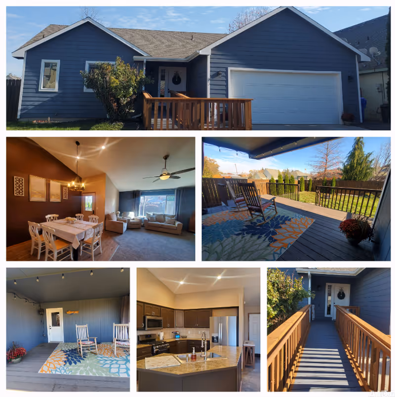 Front view of a blue, single-story home with a wooden porch, accompanied by interior photos of a dining room, living room, kitchen, and an outdoor deck.