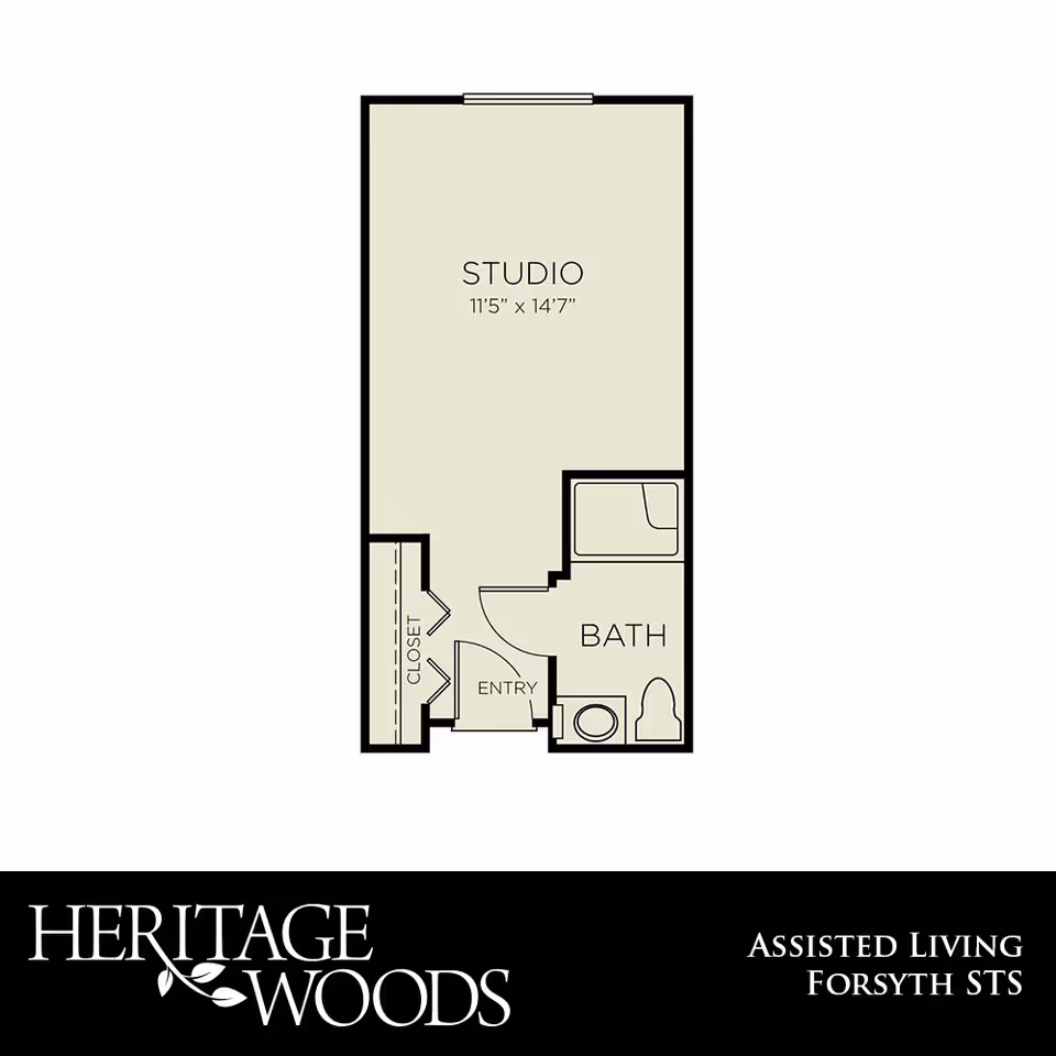 Floor plan of a studio apartment at Heritage Woods Senior Living, showing an entry area, closet, studio living space measuring 11 feet 5 inches by 14 feet 7 inches, and a bathroom with a bathtub, toilet, and sink.