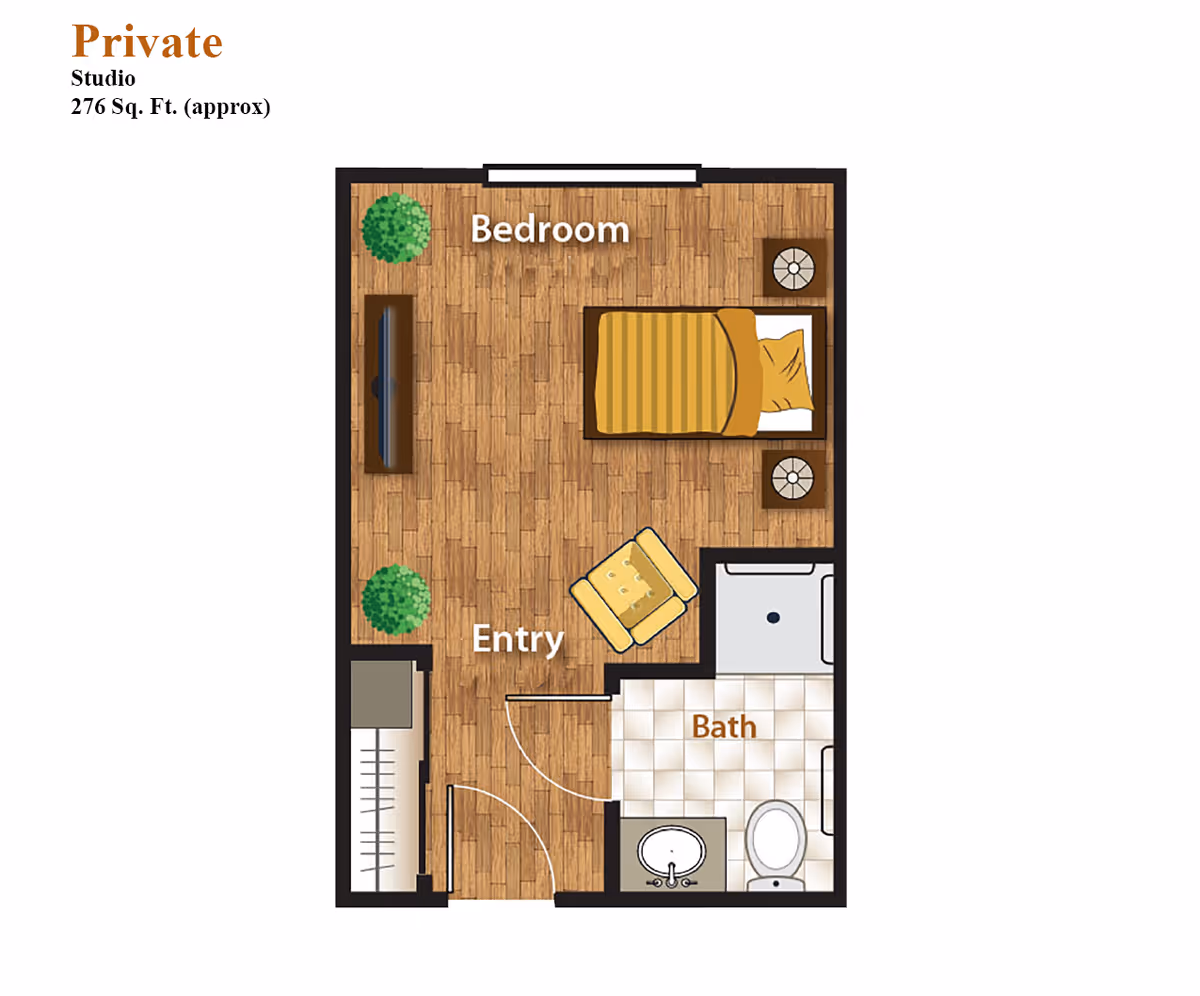 Floor plan of a private studio apartment approximately 276 square feet, showing a bedroom area with a bed, two nightstands, a TV, two plants, an entry area with a chair, and a bathroom with a sink, toilet, and shower.