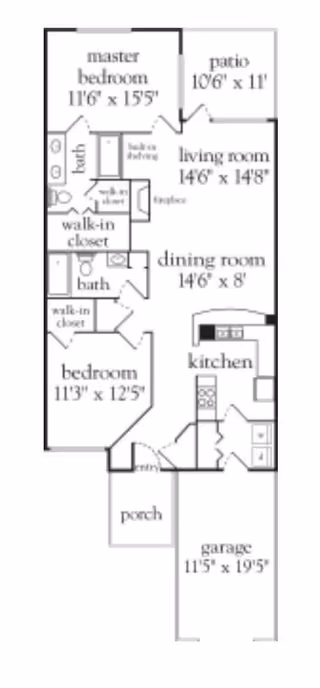 Floor plan of a residential unit featuring a master bedroom with attached bath and walk-in closet, a second bedroom with walk-in closet, two bathrooms, a living room with fireplace, dining room, kitchen, patio, porch, and garage.