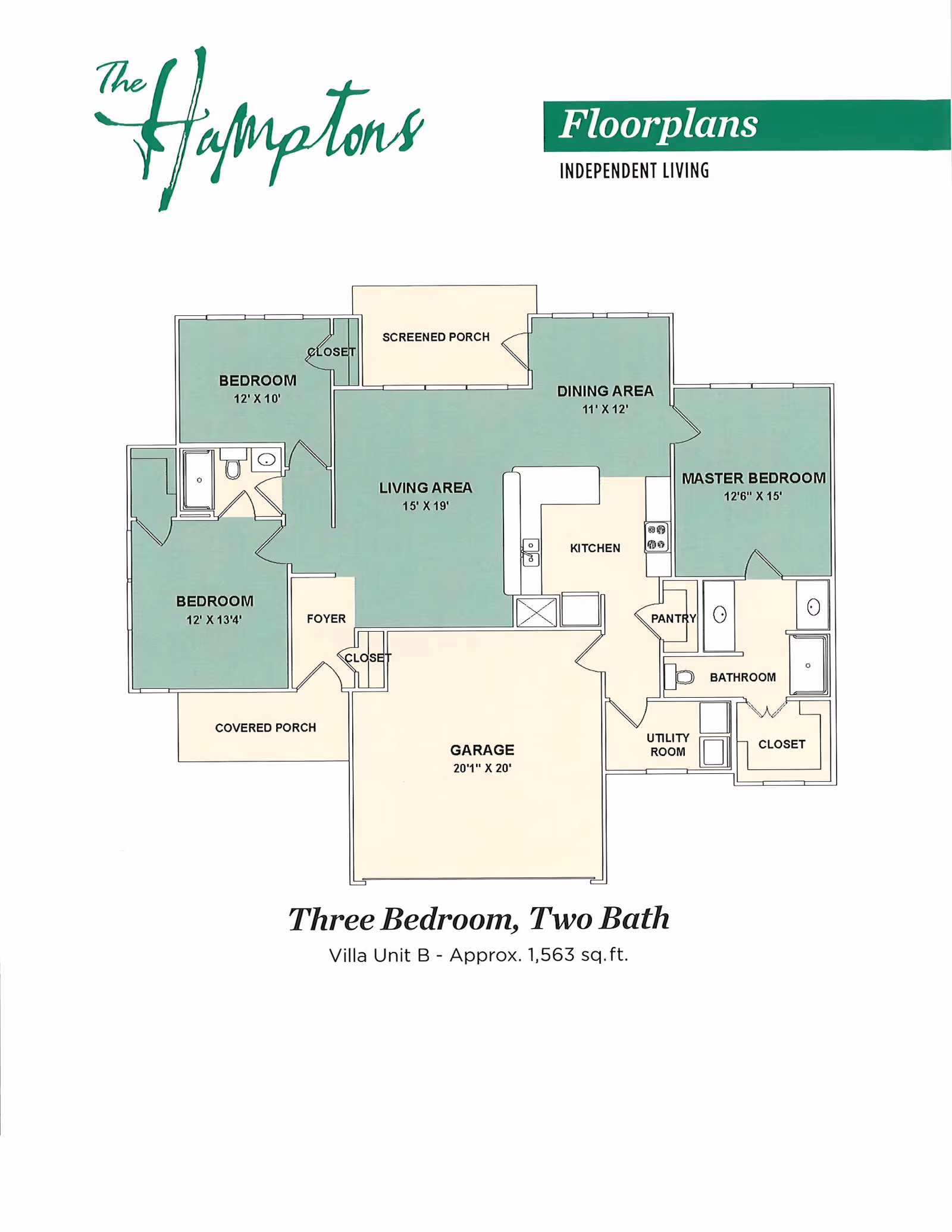 Colored floor plan of a three-bedroom, two-bath independent living villa showing labeled rooms, screened porch and attached garage.