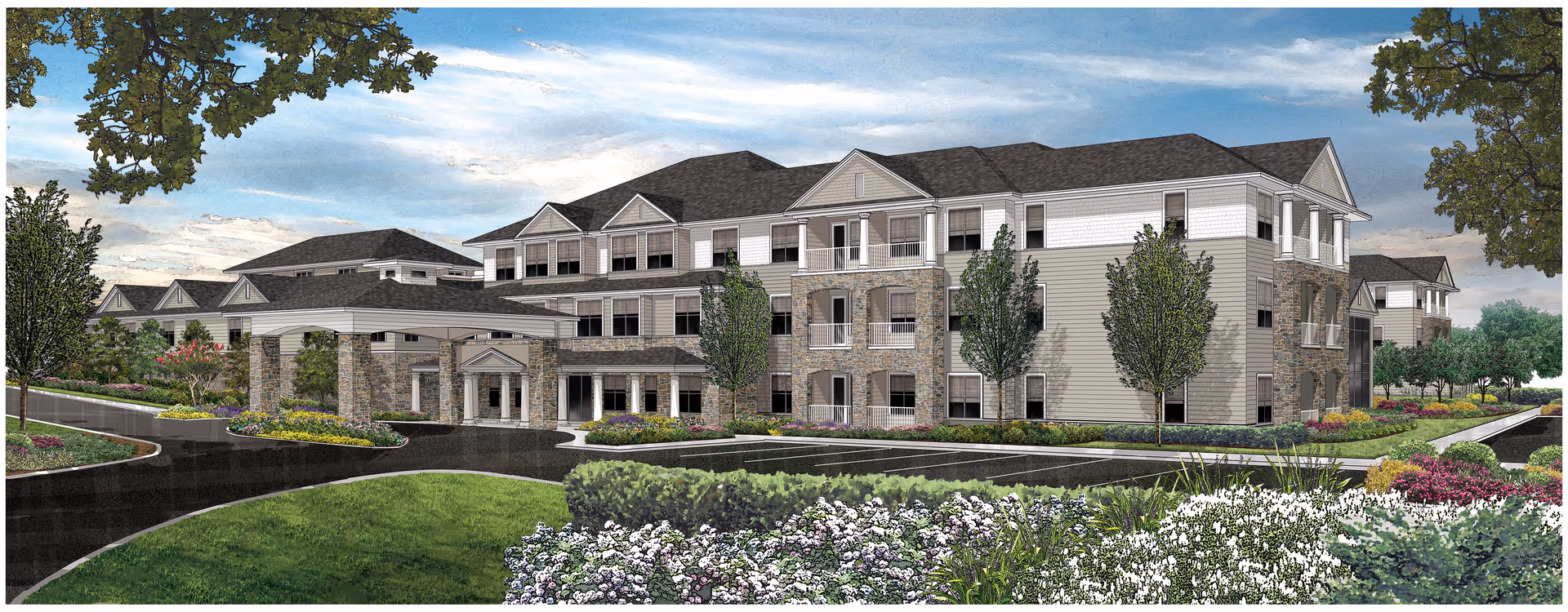 Exterior view of a large, multi-story senior living facility with stone and siding facade, surrounded by landscaped gardens and trees under a blue sky with some clouds.