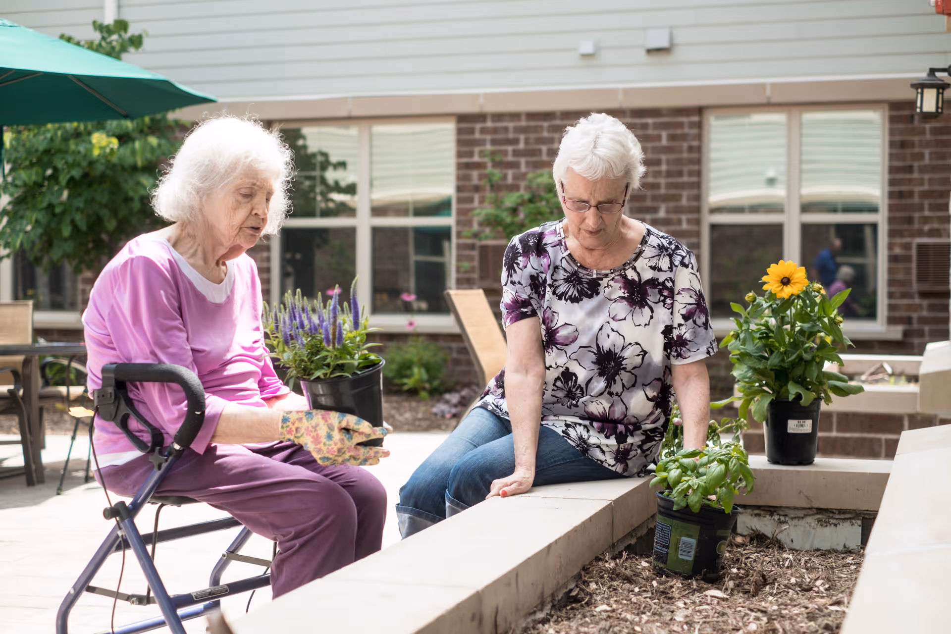 Two elderly women gardening outdoors in a courtyard area. One woman is sitting on a walker seat wearing a pink top and purple pants, holding a potted plant with purple flowers and wearing gardening gloves. The other woman, wearing glasses and a floral top with jeans, is sitting on the edge of a raised garden bed with two potted plants nearby, one with yellow flowers and one with green leaves. The background shows a brick building with windows and patio furniture under a green umbrella.