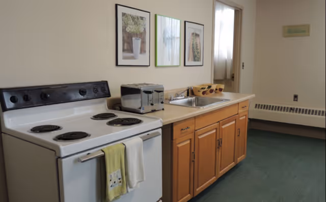 A small kitchen area with a white electric stove, two towels hanging on the oven handle, a countertop with a toaster, a sink, wooden cabinets below, and three framed pictures on the wall above the counter. A green carpet covers the floor and a 'Welcome' sign is visible on the wall near a doorway.