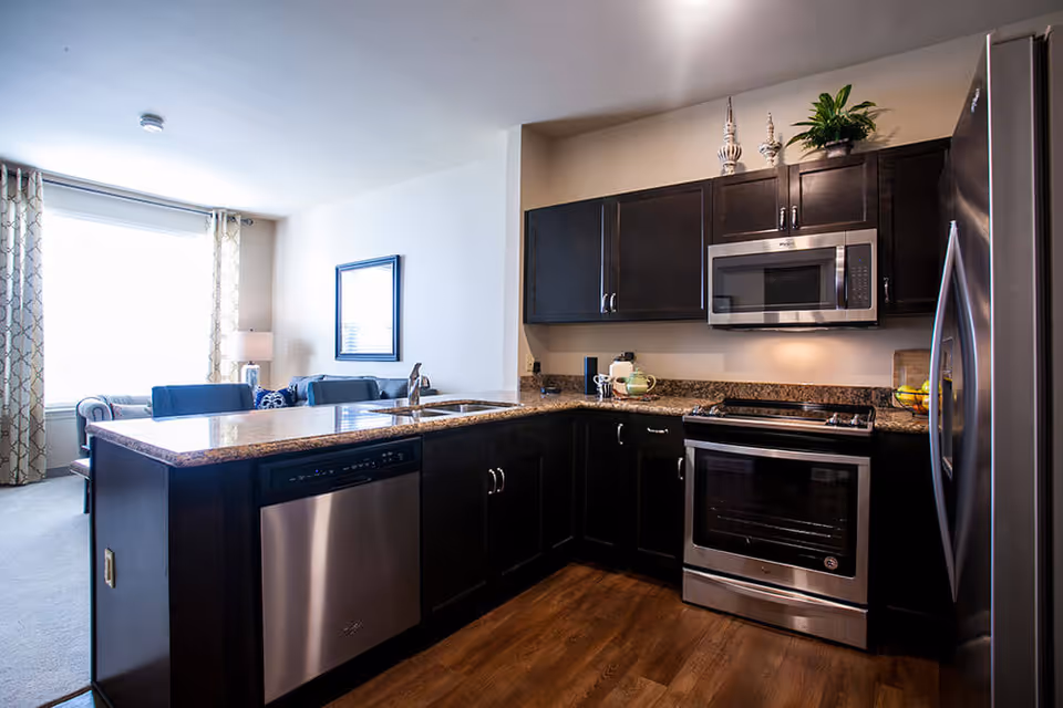 Open-plan kitchen with dark cabinets, stainless steel appliances and a granite-topped island overlooking a living area.
