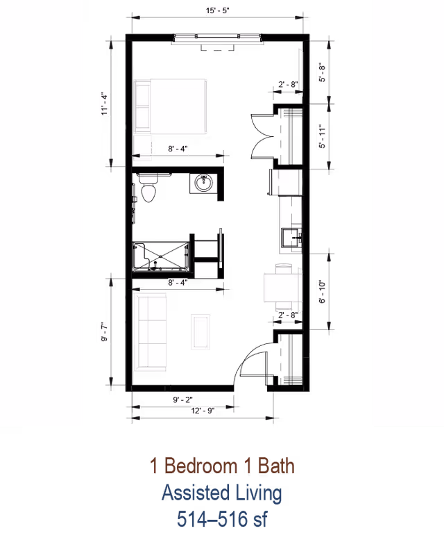 Top-down black-and-white floor plan of a one-bedroom, one-bath assisted living apartment with furniture icons and room dimensions, labeled '1 Bedroom 1 Bath Assisted Living 514-516 sf'.