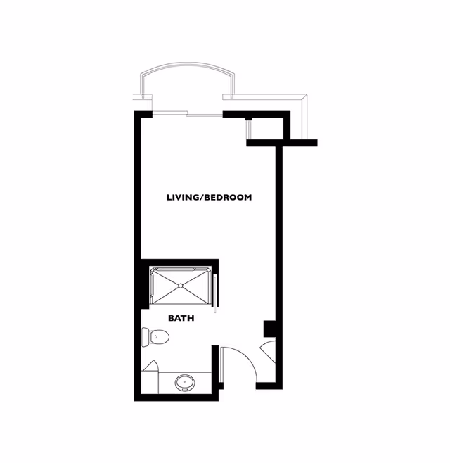 Black-and-white floor plan of a studio unit labeled "LIVING/BEDROOM" with an adjacent bath layout.
