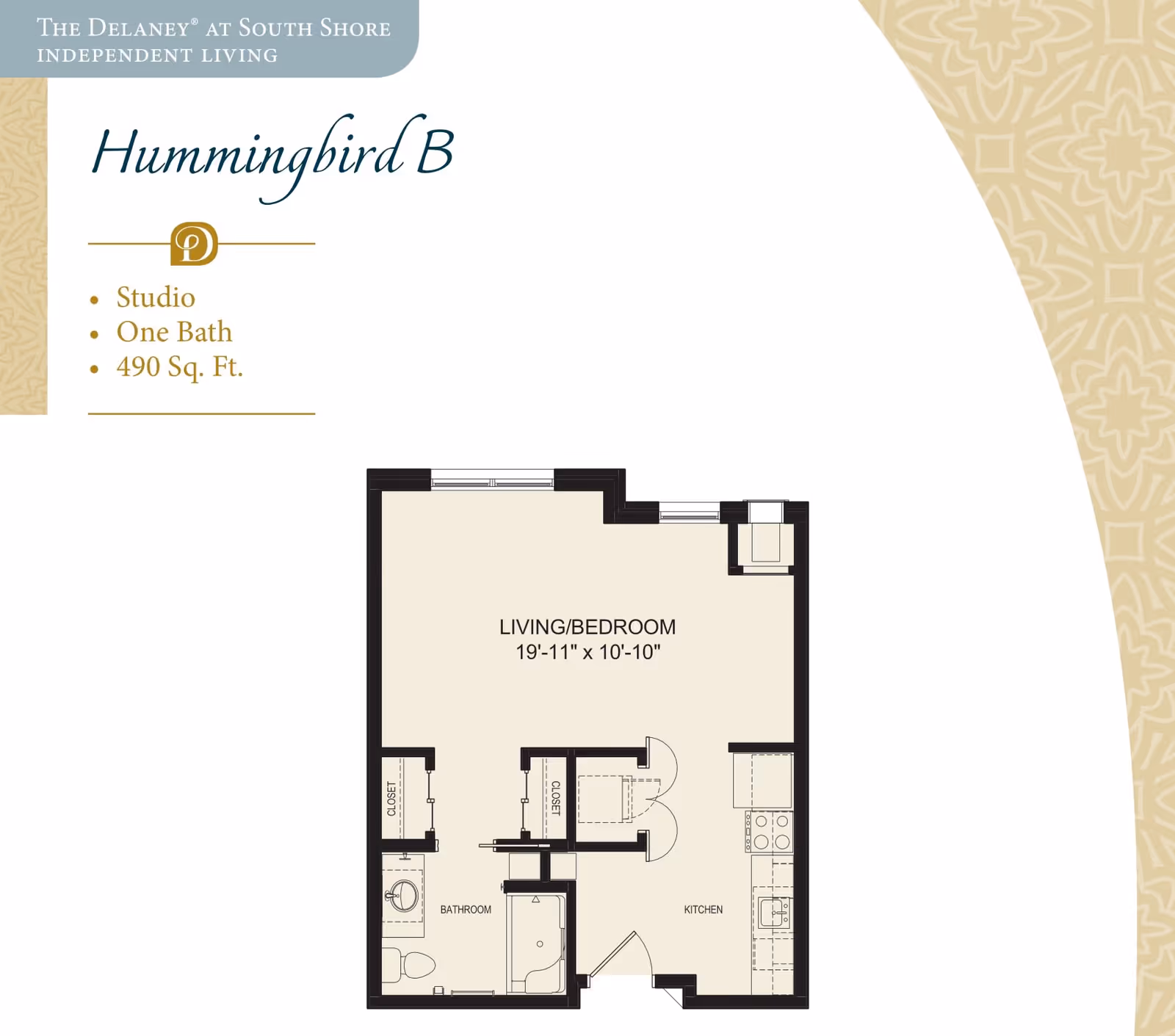 Floor plan of Hummingbird B studio apartment at The Delaney at South Shore showing a combined living and bedroom area measuring 19 feet 11 inches by 10 feet 10 inches, a kitchen, one bathroom, and two closets. The total area is 490 square feet.