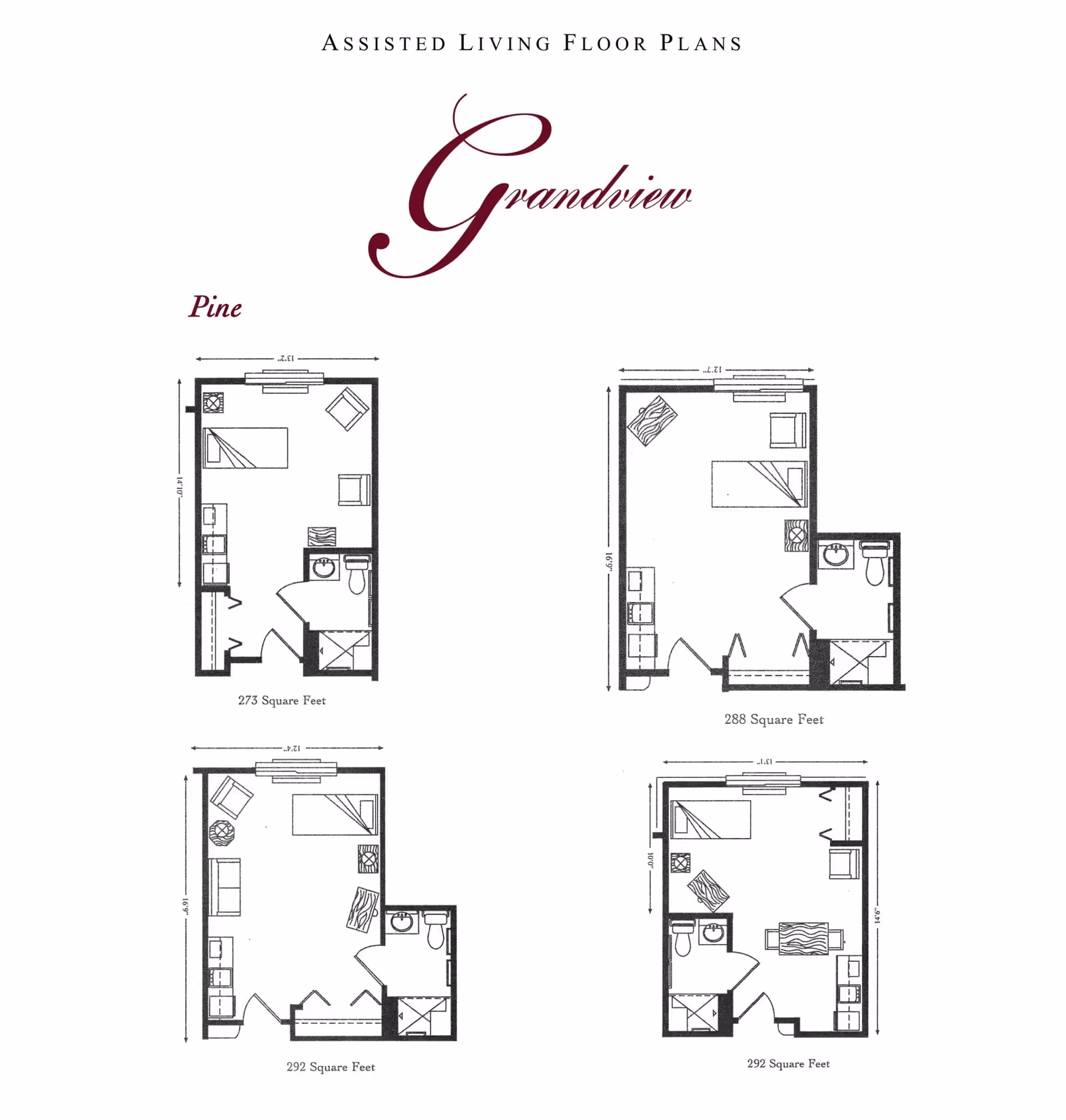 Floor plans for assisted living units at Grandview Assisted and Independent Living, showing four different layouts named Pine with dimensions and square footage ranging from 273 to 292 square feet. Each plan includes a living/sleeping area, kitchenette, and bathroom.
